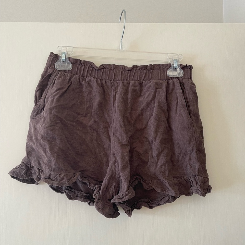 High-Waist Ruffle Hem Women's Shorts - Brown
